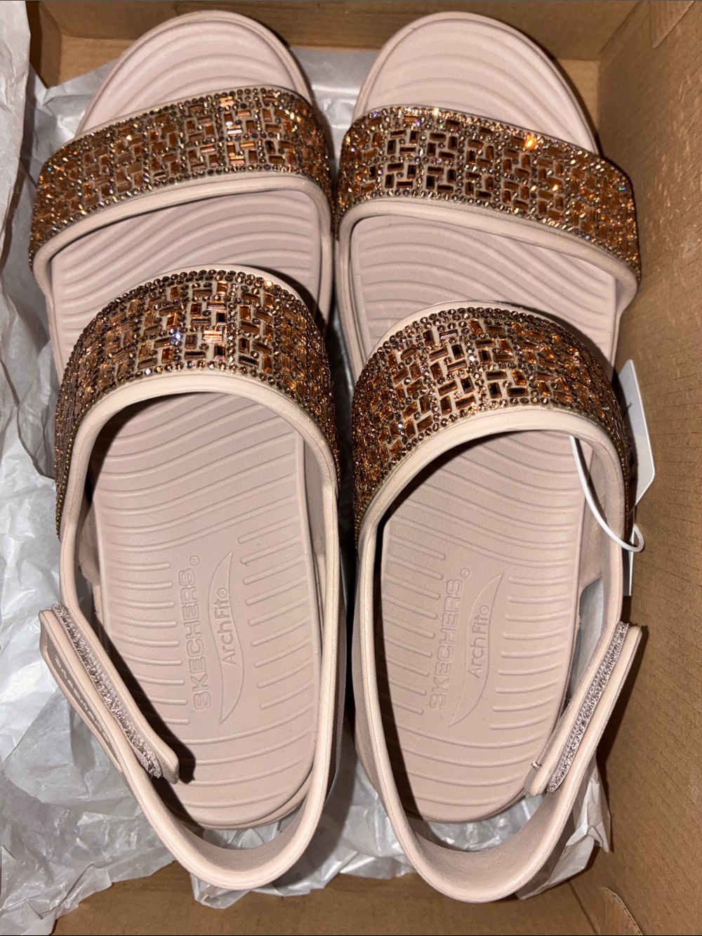 Skechers Rose Gold Crystal-Strap Slide Sandals